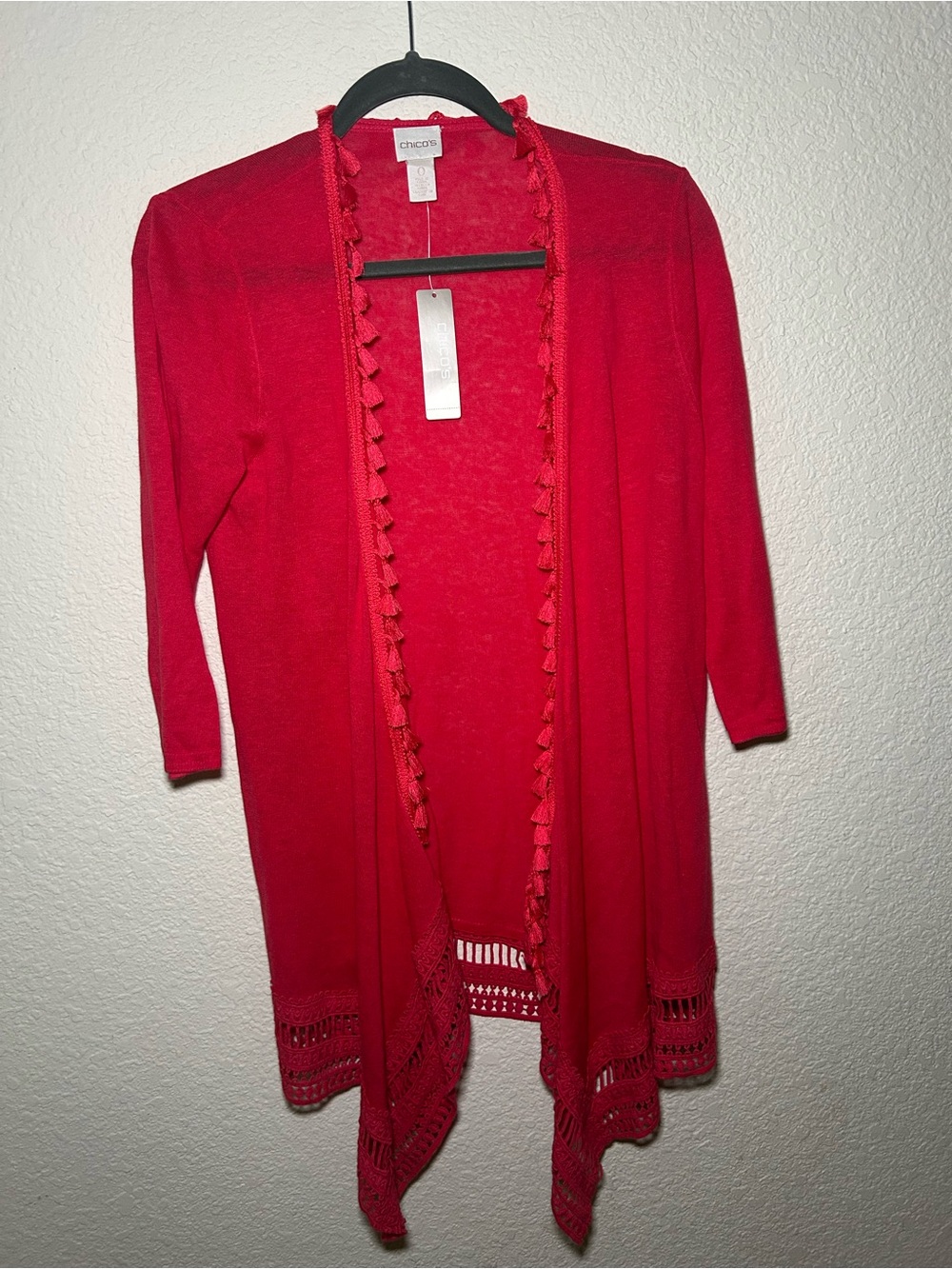 Chico's Women’s Red Open-Front Crochet Hem Cardigan Sweater Hobo Festival Whimsy - Picture 3 of 8